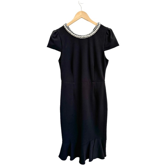 Betsey Johnson Black Dress Pearl Fringe Collar Black Cap Sleeve Ruffle Hem Sz 8 - Picture 4 of 16